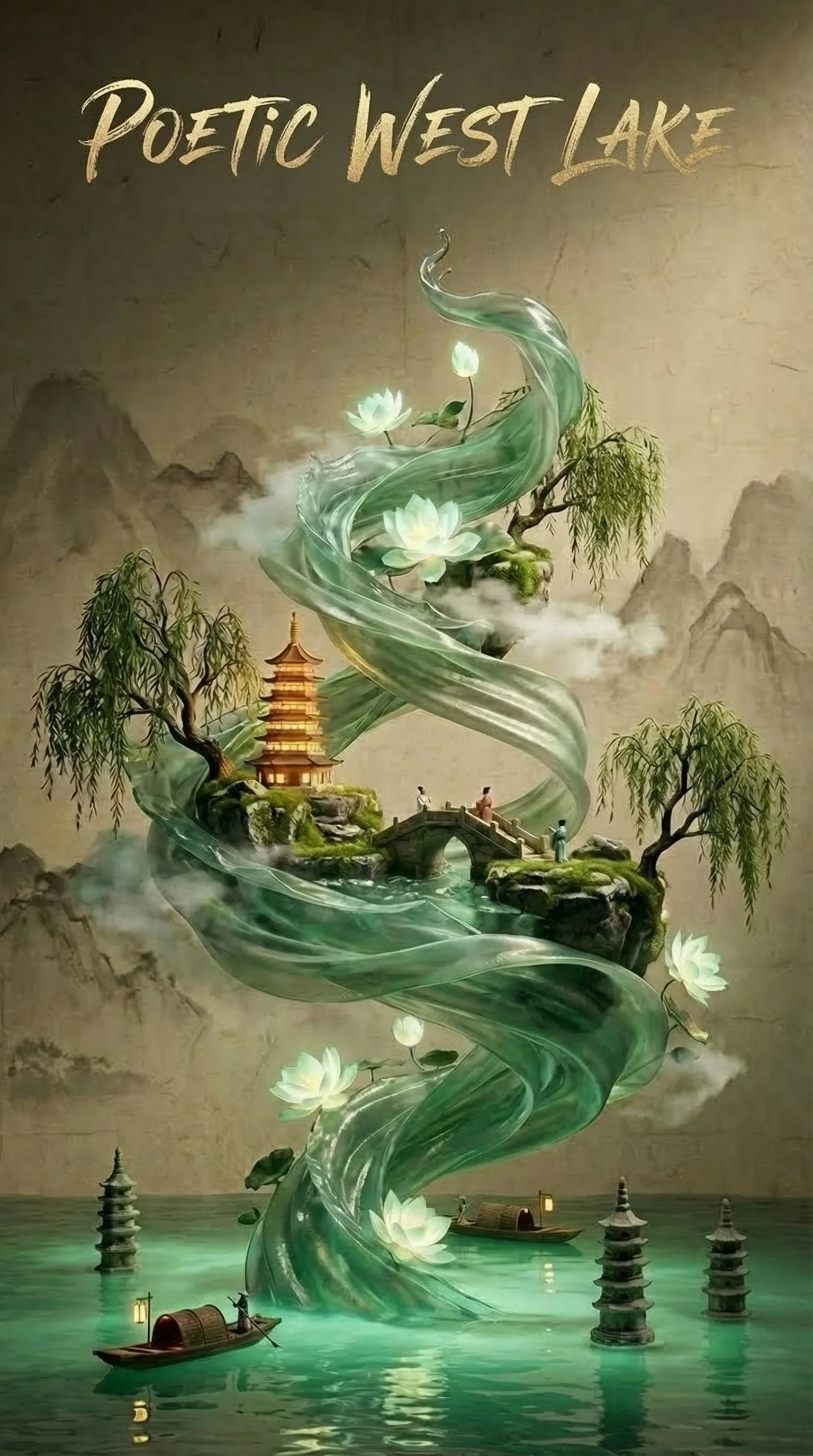 AI-generated vertical image themed around Hangzhou West Lake