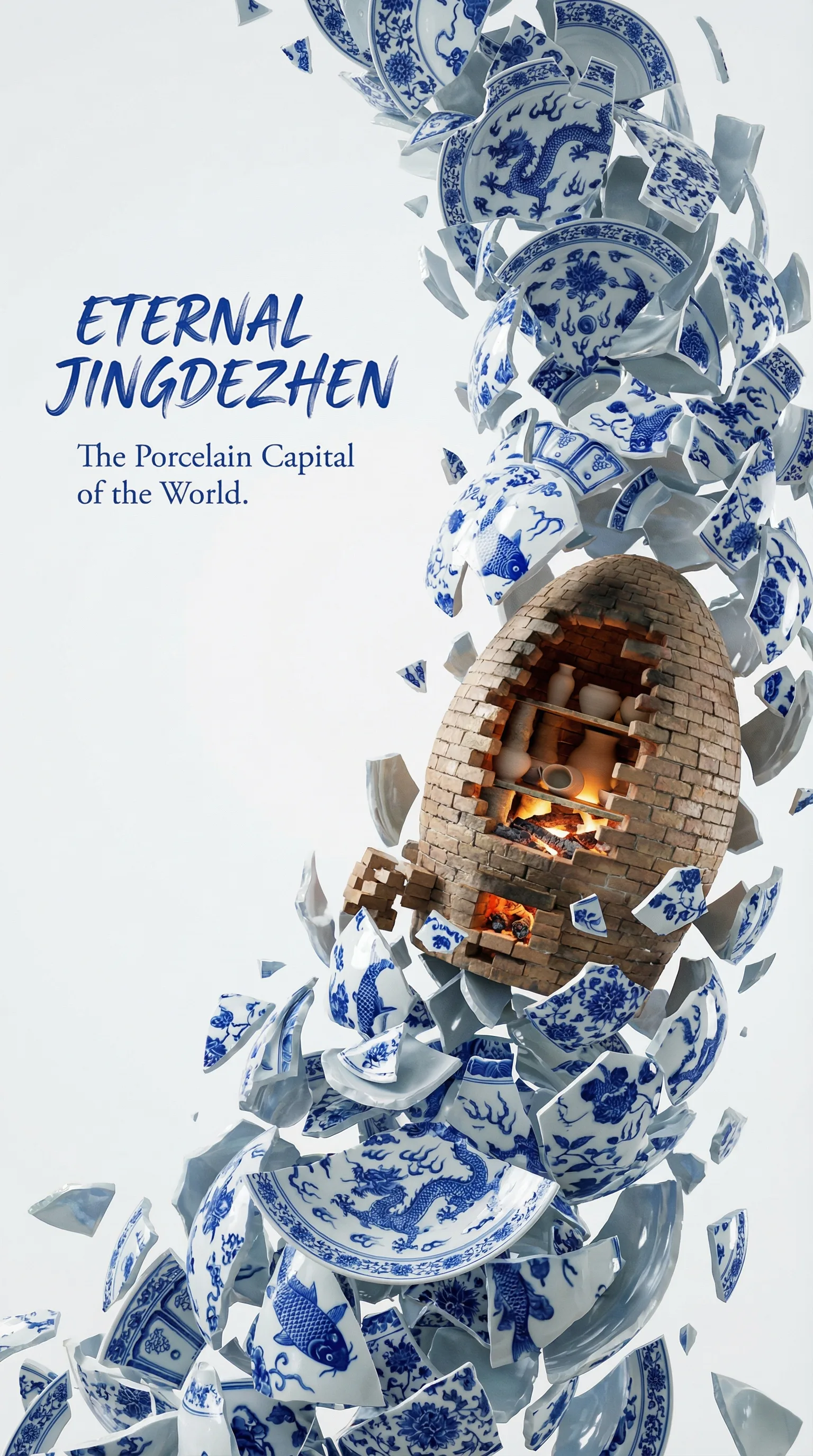 AI-generated vertical image themed around Jingdezhen ceramics